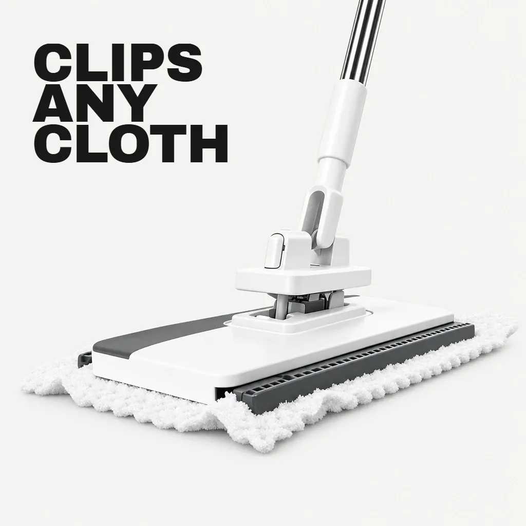 The Easy Magic Mop head with a white cloth clipped flat under it. Headline: Clips any cloth.