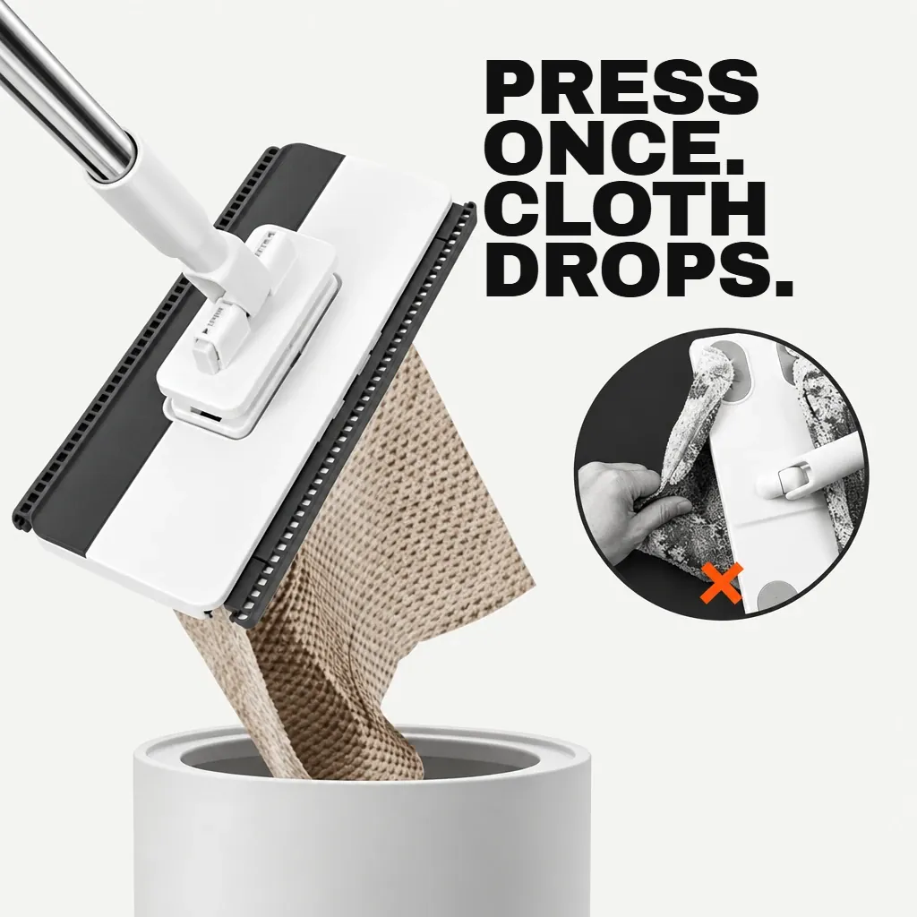 The mop head held over a bin as the used cloth drops off into it. Headline: Press once. Cloth drops.